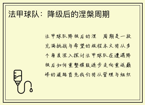 法甲球队：降级后的涅槃周期